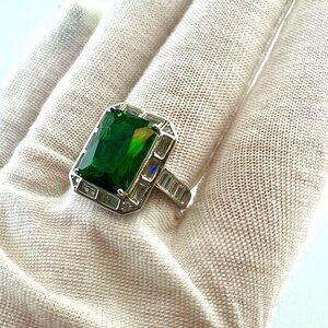 925 Sterling Silver Emerald-Cut Synthetic Green Stone Ring, Size 8